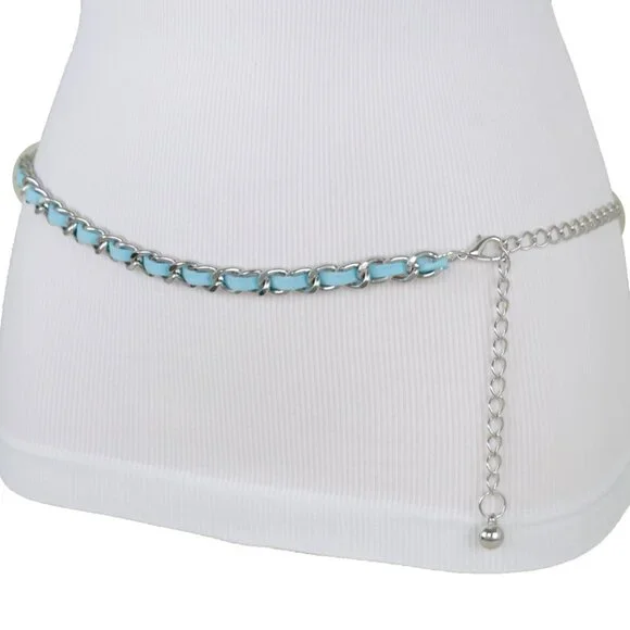 Women Skinny Silver Metal Chain Link Belt Turquoise Blue Waistband Size M L XL - Picture 6 of 17